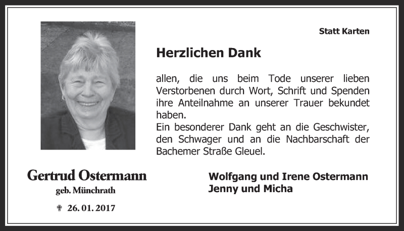  Traueranzeige für Gertrud Ostermann vom 01.03.2017 aus  Wochenende 