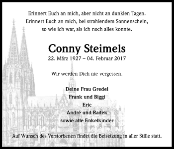 Anzeige von Conny Steimels von Kölner Stadt-Anzeiger / Kölnische Rundschau / Express