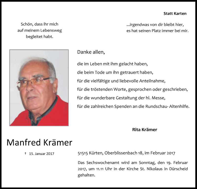  Traueranzeige für Manfred Krämer vom 11.02.2017 aus Kölner Stadt-Anzeiger / Kölnische Rundschau / Express