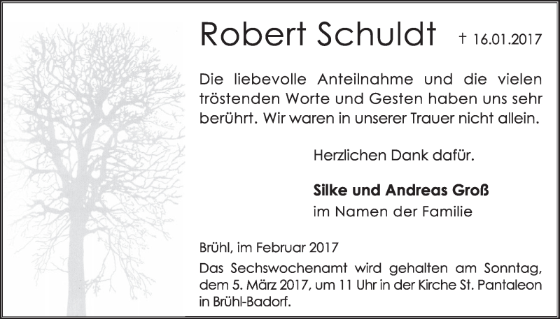  Traueranzeige für Robert Schuldt vom 22.02.2017 aus  Schlossbote/Werbekurier 
