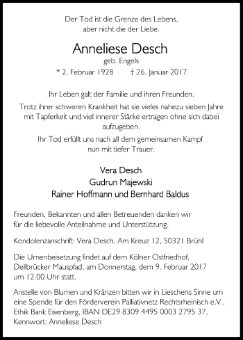 Anzeige von Anneliese Desch von Kölner Stadt-Anzeiger / Kölnische Rundschau / Express