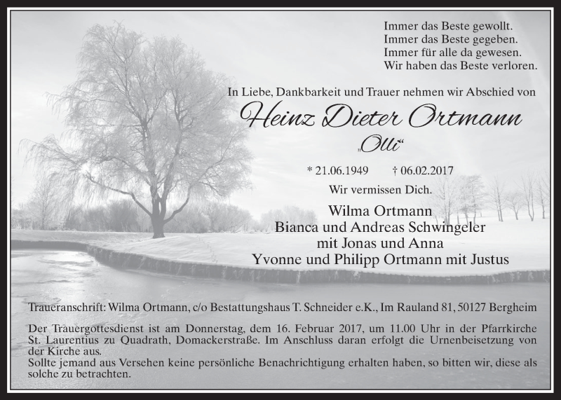  Traueranzeige für Heinz Dieter Ortmann vom 15.02.2017 aus  Werbepost 