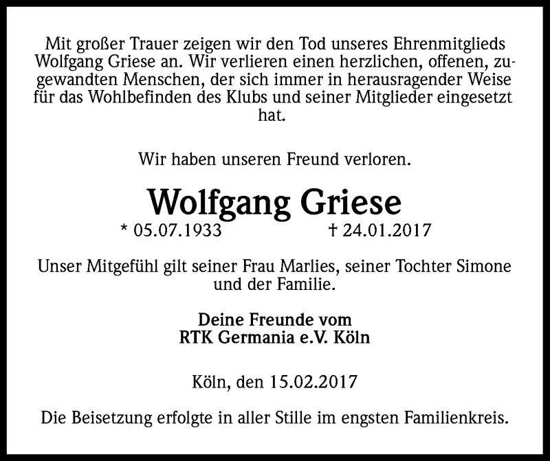  Traueranzeige für Wolfgang Griese vom 15.02.2017 aus Kölner Stadt-Anzeiger / Kölnische Rundschau / Express