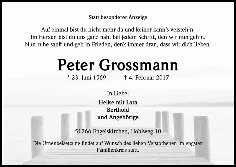  Traueranzeige für Peter Grossmann vom 08.02.2017 aus Kölner Stadt-Anzeiger / Kölnische Rundschau / Express