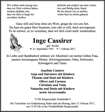 Anzeige von Inge Cassirer von Kölner Stadt-Anzeiger / Kölnische Rundschau / Express