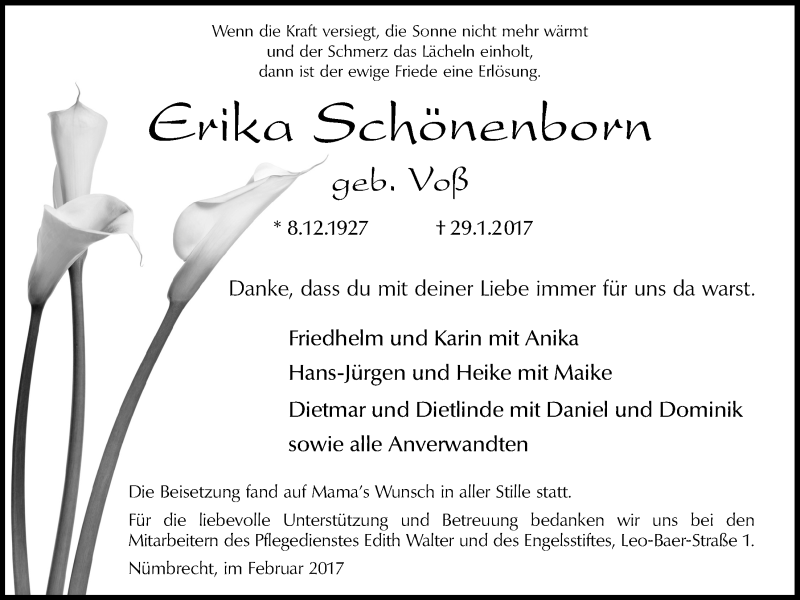  Traueranzeige für Erika Schönenborn vom 08.02.2017 aus  Lokalanzeiger 