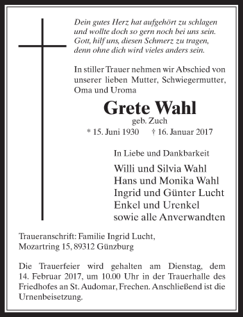 Anzeige von Grete Wahl von  Wochenende 