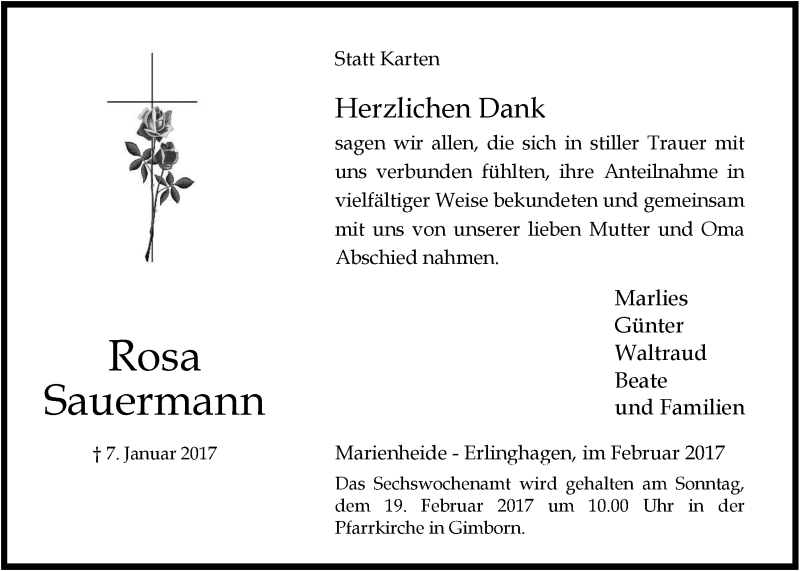  Traueranzeige für Rosa Sauermann vom 15.02.2017 aus  Anzeigen Echo 