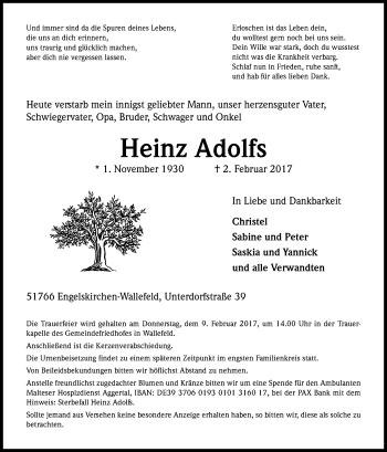 Anzeige von Heinz Adolfs von Kölner Stadt-Anzeiger / Kölnische Rundschau / Express