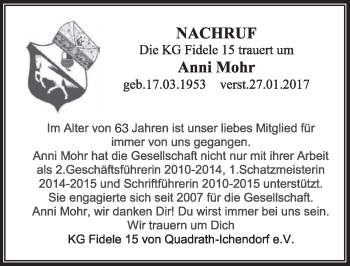Anzeige von Anni Mohr von  Sonntags-Post 