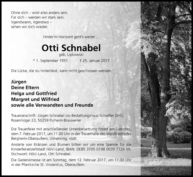  Traueranzeige für Otti Schnabel vom 04.02.2017 aus Kölner Stadt-Anzeiger / Kölnische Rundschau / Express