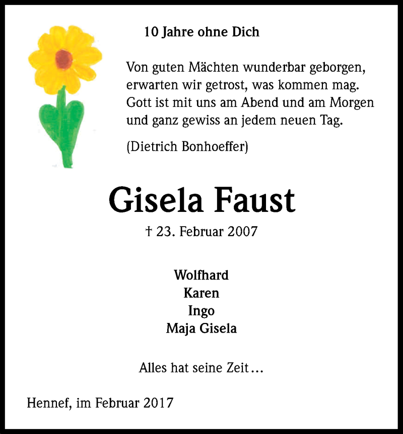  Traueranzeige für Gisela Faust vom 23.02.2017 aus Kölner Stadt-Anzeiger / Kölnische Rundschau / Express