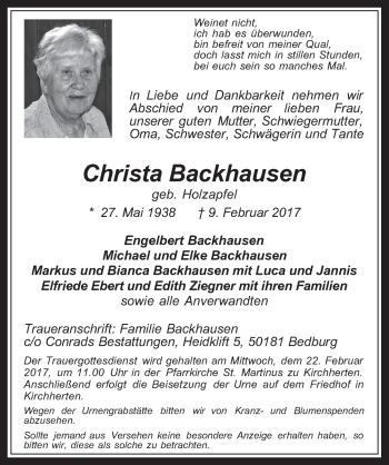 Anzeige von Christa Backhausen von  Werbepost 