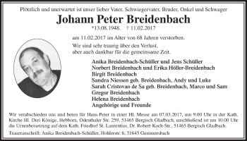 Anzeige von Johann Peter Breidenbach von  Bergisches Handelsblatt 