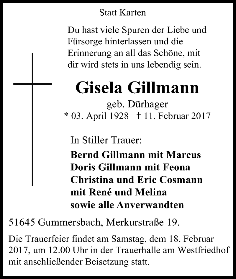  Traueranzeige für Gisela Gillmann vom 14.02.2017 aus Kölner Stadt-Anzeiger / Kölnische Rundschau / Express