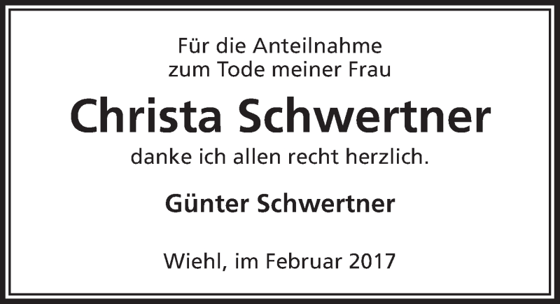  Traueranzeige für Christa Schwertner vom 08.02.2017 aus  Anzeigen Echo 