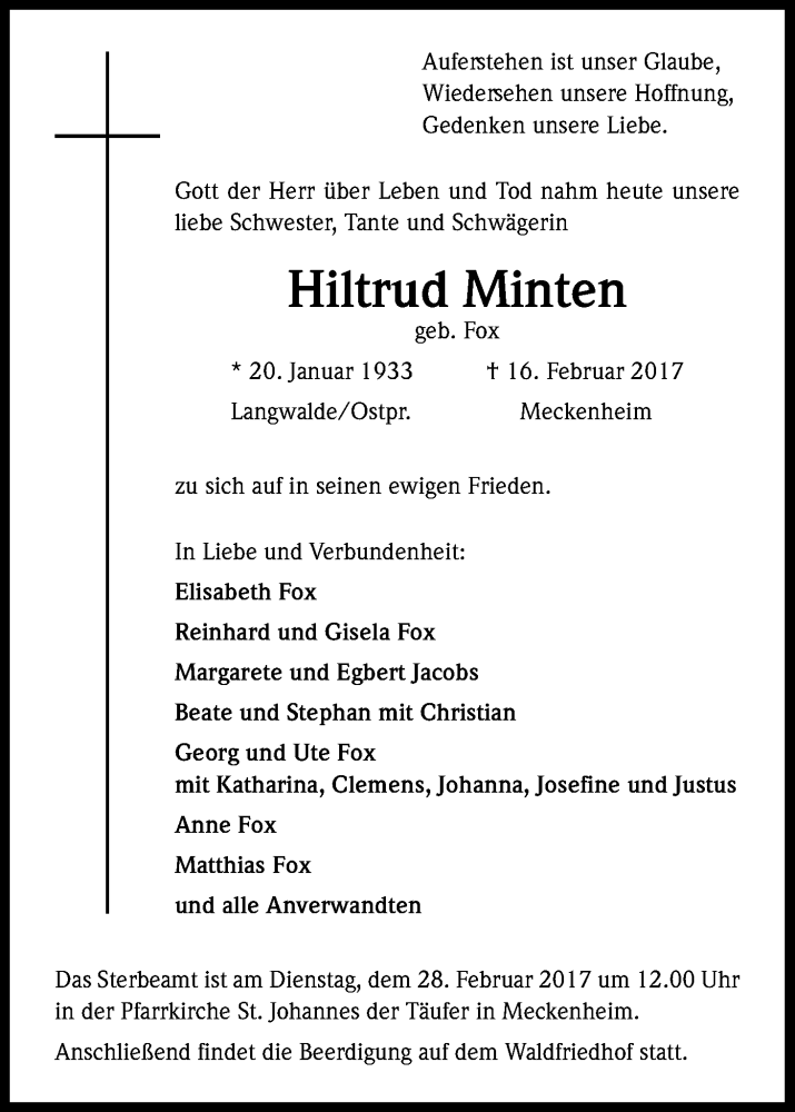  Traueranzeige für Hiltrud Minten vom 24.02.2017 aus Kölner Stadt-Anzeiger / Kölnische Rundschau / Express