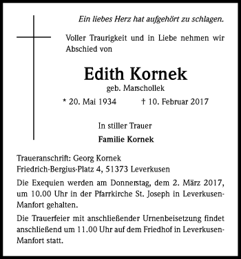 Anzeige von Edith Kornek von Kölner Stadt-Anzeiger / Kölnische Rundschau / Express
