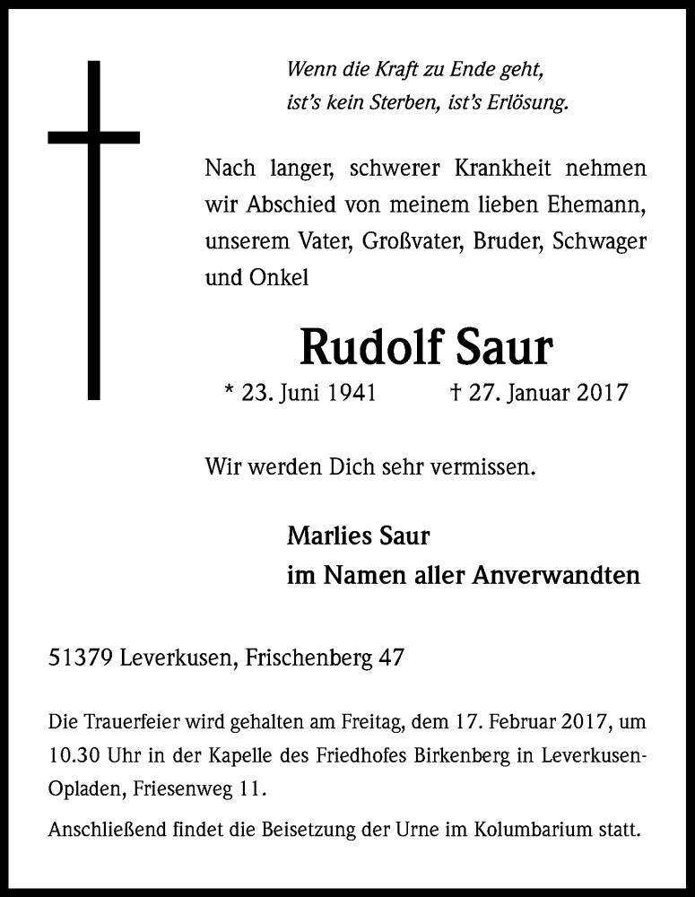  Traueranzeige für Rudolf Saur vom 11.02.2017 aus Kölner Stadt-Anzeiger / Kölnische Rundschau / Express