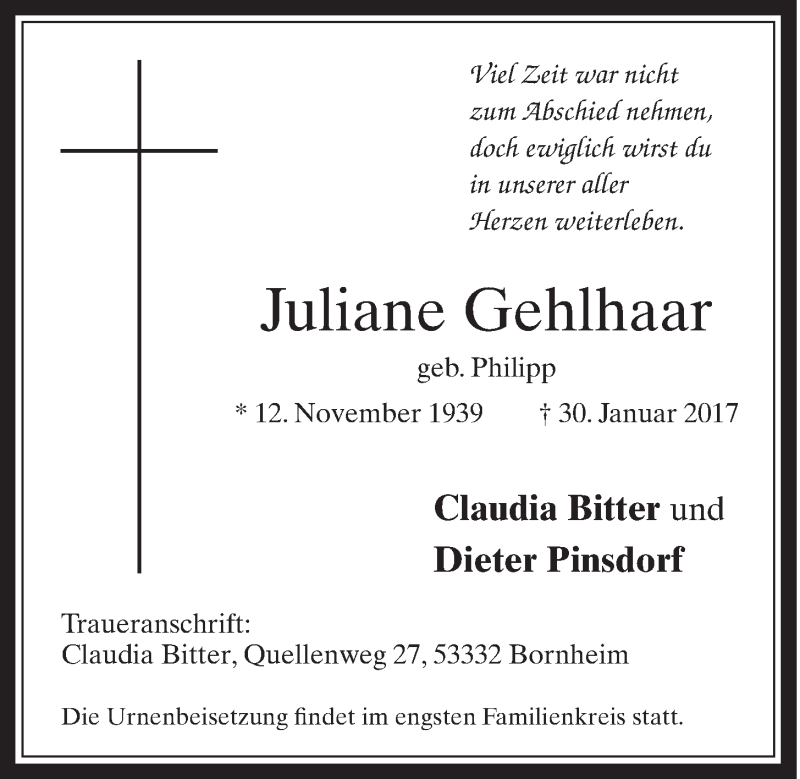  Traueranzeige für Juliane Gehlhaar vom 08.02.2017 aus  Schaufenster/Blickpunkt 