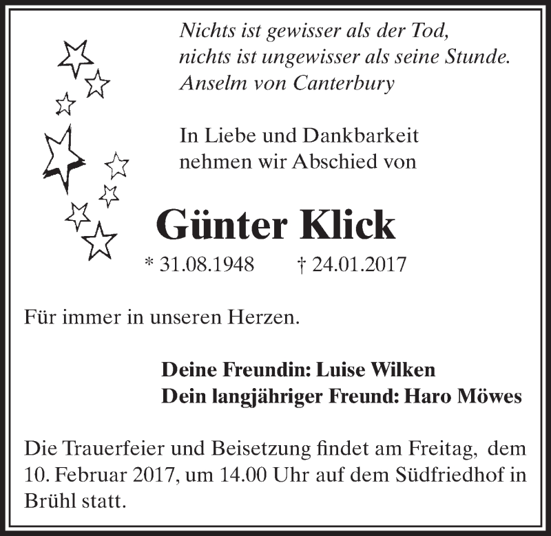  Traueranzeige für Günter  Klick vom 08.02.2017 aus  Schlossbote/Werbekurier 