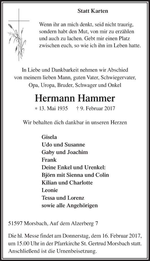  Traueranzeige für Hermann Hammer vom 15.02.2017 aus  Lokalanzeiger 