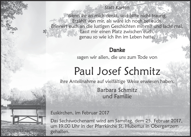  Traueranzeige für Paul Josef Schmitz vom 18.02.2017 aus  Blickpunkt Euskirchen 