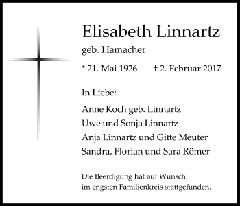 Anzeige von Elisabeth Linnartz von Kölner Stadt-Anzeiger / Kölnische Rundschau / Express