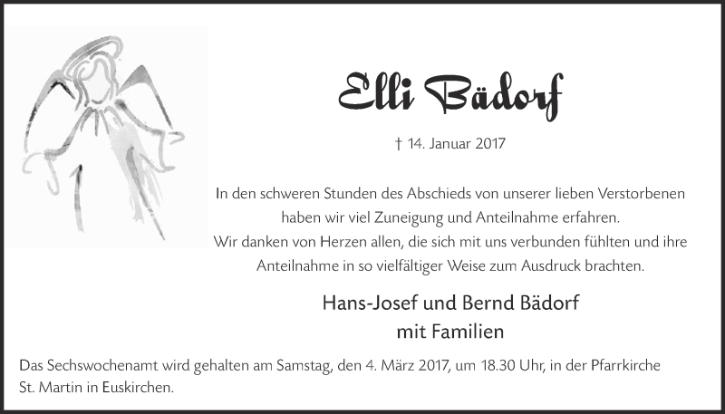  Traueranzeige für Elli Bädorf vom 25.02.2017 aus  Blickpunkt Euskirchen 