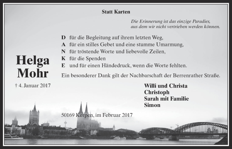  Traueranzeige für Helga Mohr vom 08.02.2017 aus  Werbepost 