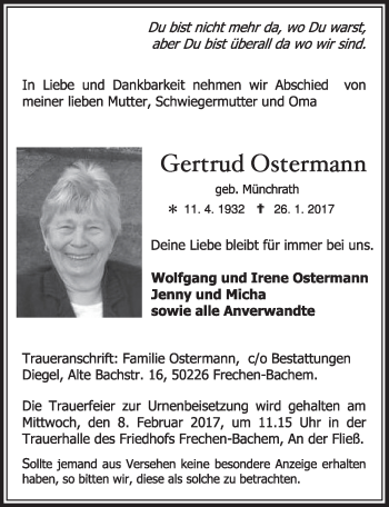 Anzeige von Gertrud Ostermann von  Sonntags-Post 