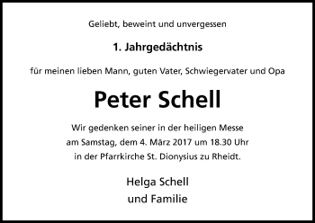 Anzeige von Peter Schell von Kölner Stadt-Anzeiger / Kölnische Rundschau / Express