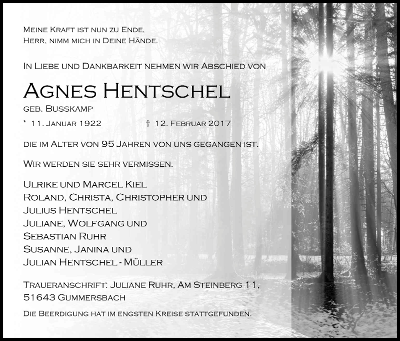  Traueranzeige für Agnes Hentschel vom 22.02.2017 aus Kölner Stadt-Anzeiger / Kölnische Rundschau / Express