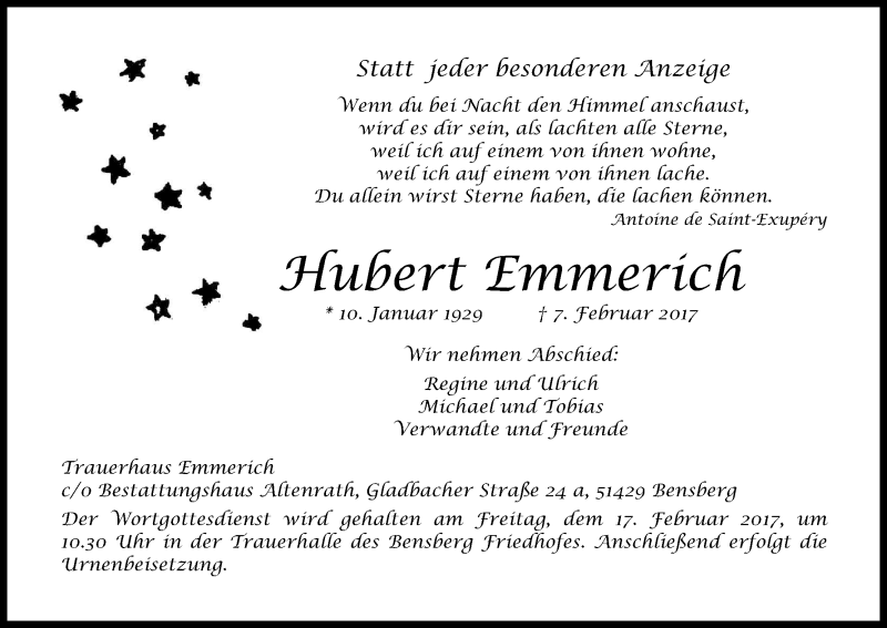  Traueranzeige für Hubert Emmerich vom 14.02.2017 aus Kölner Stadt-Anzeiger / Kölnische Rundschau / Express