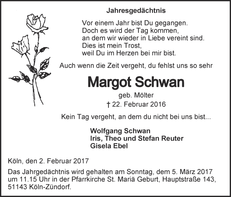  Traueranzeige für Margot Schwan vom 22.02.2017 aus  Kölner Wochenspiegel 