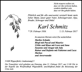 Anzeige von Karl Schmitz von Kölner Stadt-Anzeiger / Kölnische Rundschau / Express
