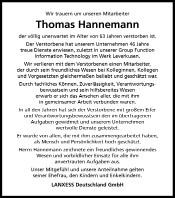 Anzeige von Thomas Hannemann von Kölner Stadt-Anzeiger / Kölnische Rundschau / Express