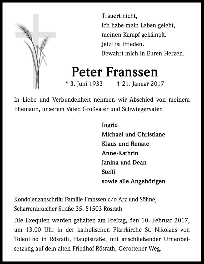  Traueranzeige für Peter Franssen vom 04.02.2017 aus Kölner Stadt-Anzeiger / Kölnische Rundschau / Express