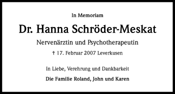 Anzeige von Hanna Schröder-Meskat von Kölner Stadt-Anzeiger / Kölnische Rundschau / Express