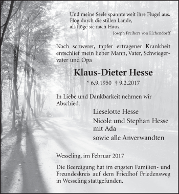 Anzeige von Klaus-Dieter Hesse von  Schlossbote/Werbekurier 