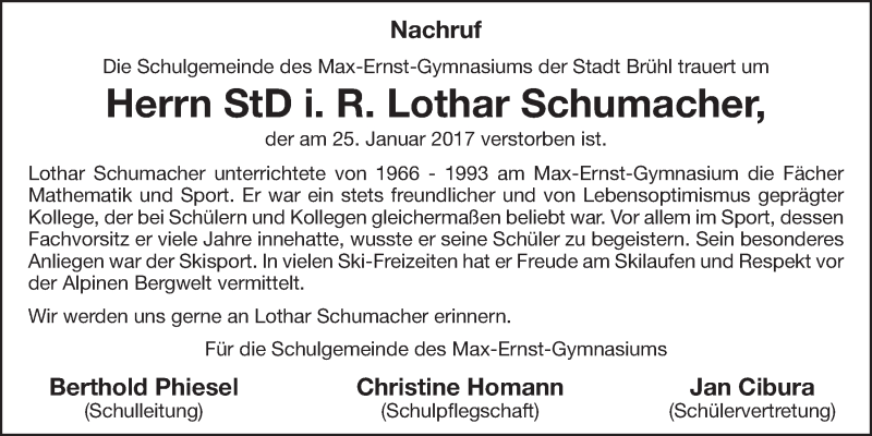  Traueranzeige für Lothar Schumacher vom 01.03.2017 aus  Schlossbote/Werbekurier 