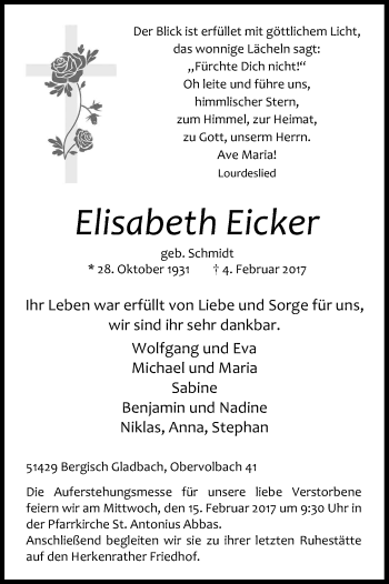 Anzeige von Elisabeth Eicker von Kölner Stadt-Anzeiger / Kölnische Rundschau / Express