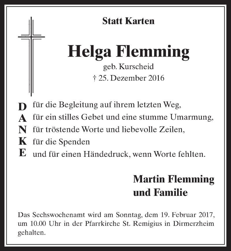  Traueranzeige für Helga Flemming vom 15.02.2017 aus  Werbepost 