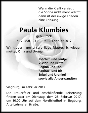Anzeige von Paula Klumbies von Kölner Stadt-Anzeiger / Kölnische Rundschau / Express