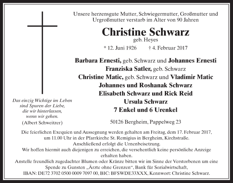  Traueranzeige für Christine Schwarz vom 15.02.2017 aus  Werbepost 