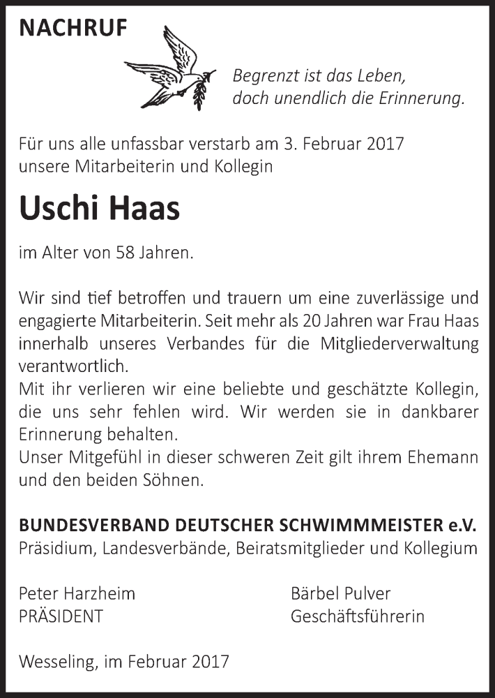  Traueranzeige für Uschi Haas vom 15.02.2017 aus  Schlossbote/Werbekurier 