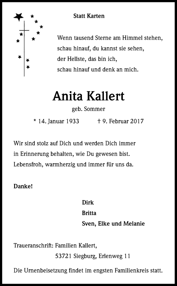  Traueranzeige für Anita Kallert vom 15.02.2017 aus Kölner Stadt-Anzeiger / Kölnische Rundschau / Express