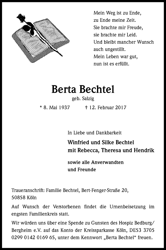  Traueranzeige für Berta Bechtel vom 25.02.2017 aus Kölner Stadt-Anzeiger / Kölnische Rundschau / Express
