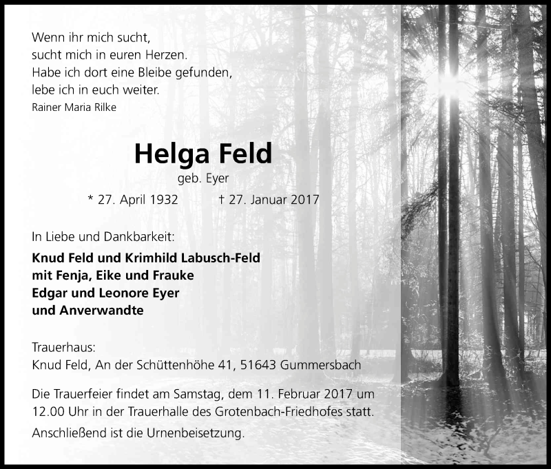  Traueranzeige für Helga Feld vom 07.02.2017 aus Kölner Stadt-Anzeiger / Kölnische Rundschau / Express