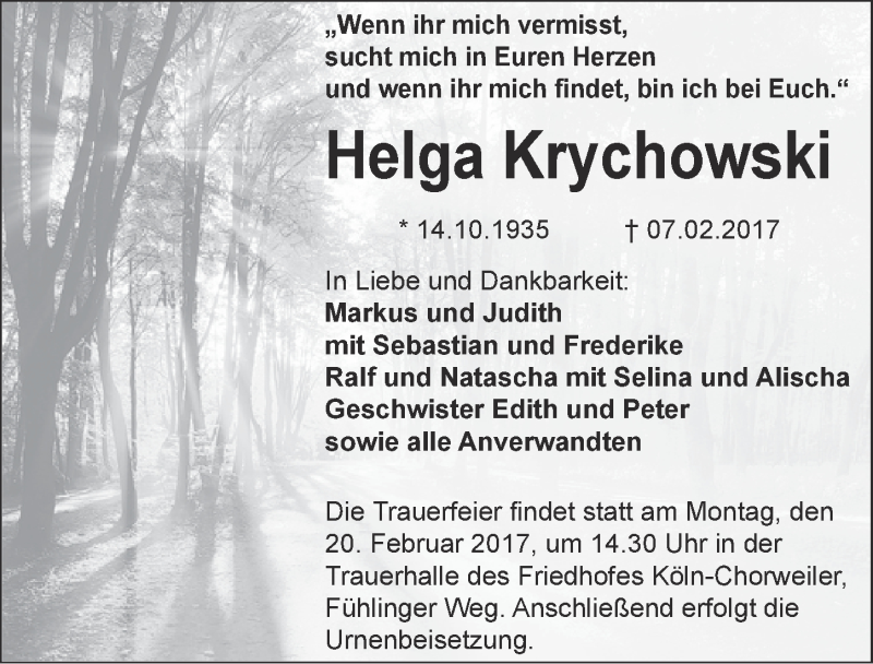  Traueranzeige für Helga Krychowski vom 15.02.2017 aus  Kölner Wochenspiegel 